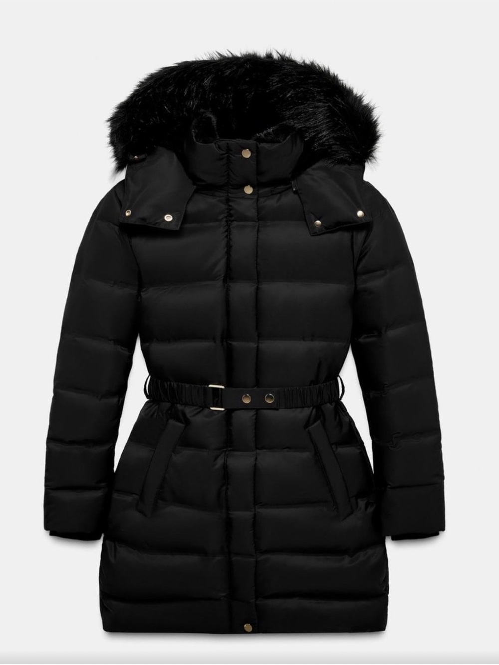 Zara Black Quilted Belted Puffer Coat with Faux Fur Hood